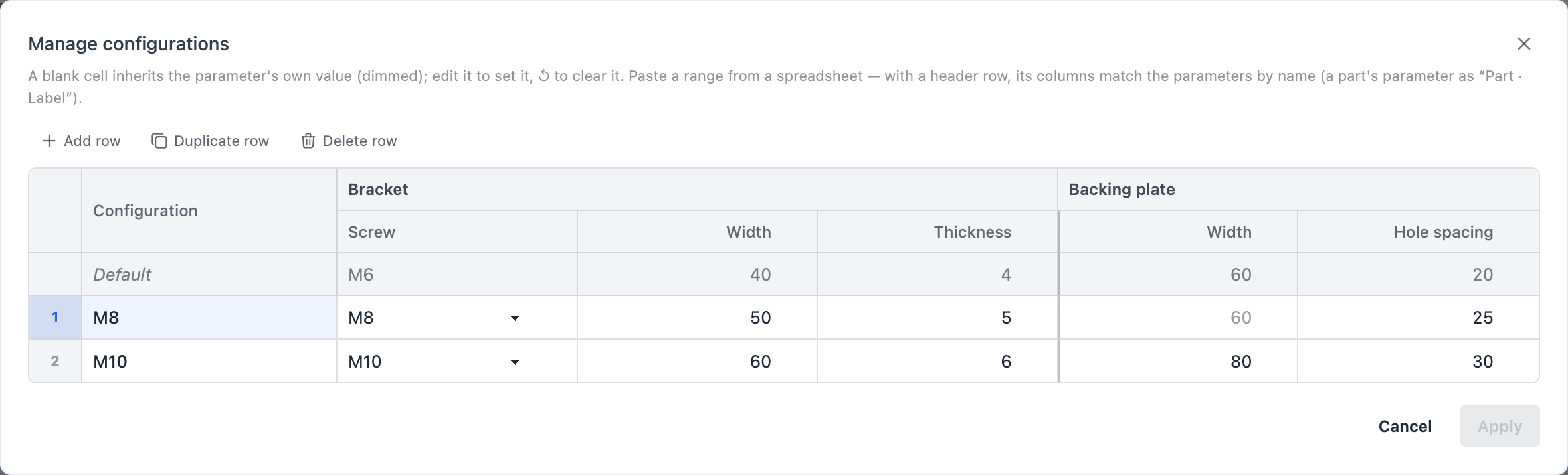 The Manage configurations grid for two parts, with a header per part