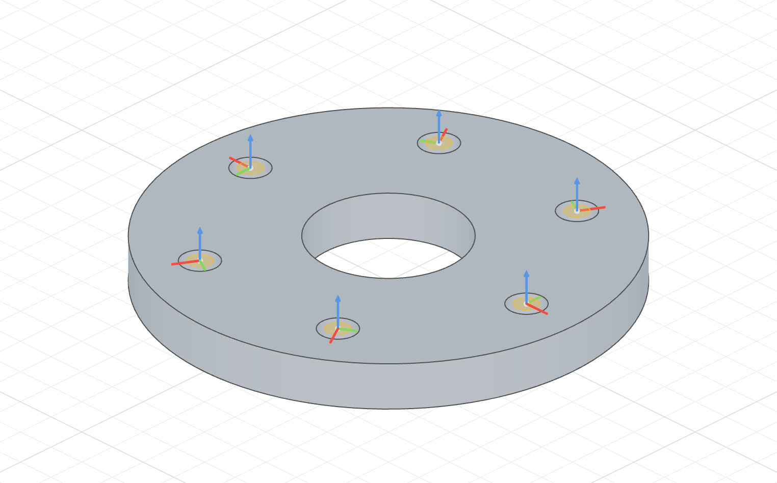 A pipe flange with a bolt connector on each of its six holes: bolt on the first, its five copies on the others