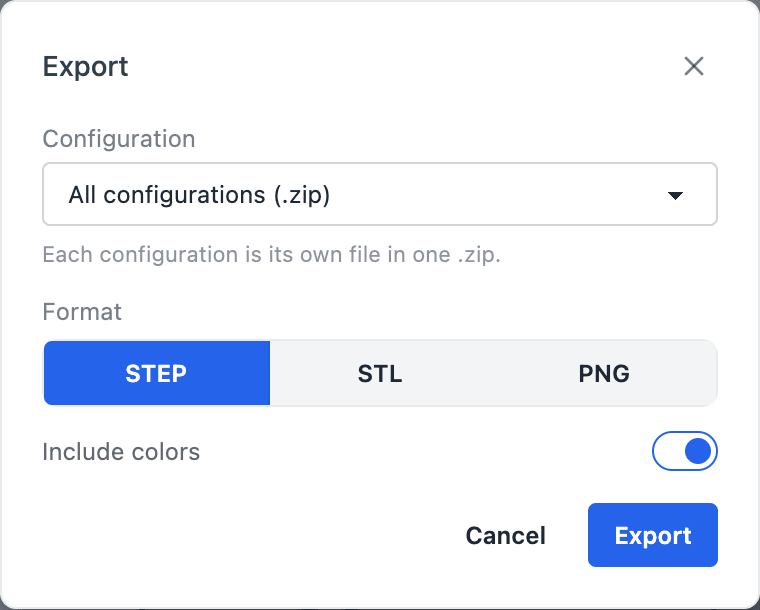 The Export dialog with All configurations selected