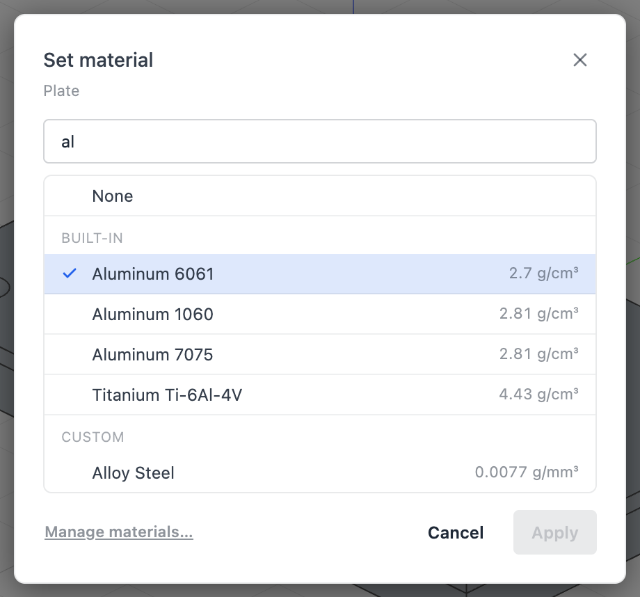 The Set material dialog