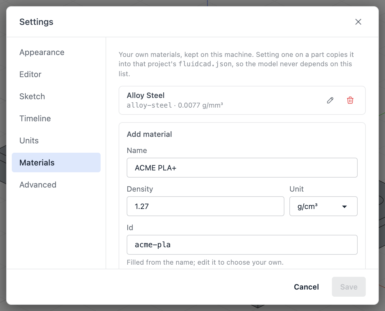 Settings, the Materials tab