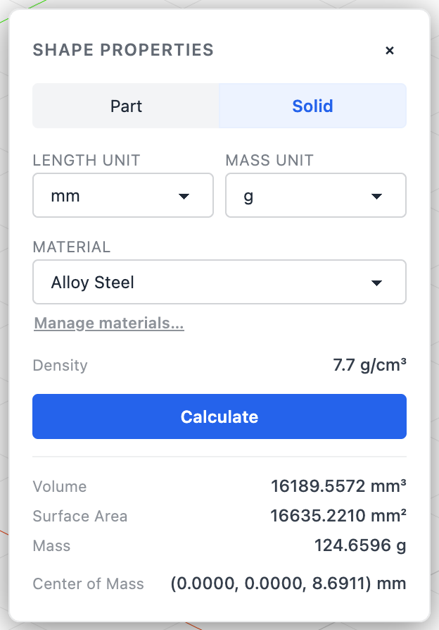 Shape properties, Solid tab, a solid outside any part