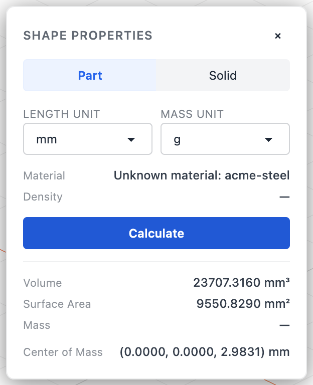 Shape properties reporting an unknown material