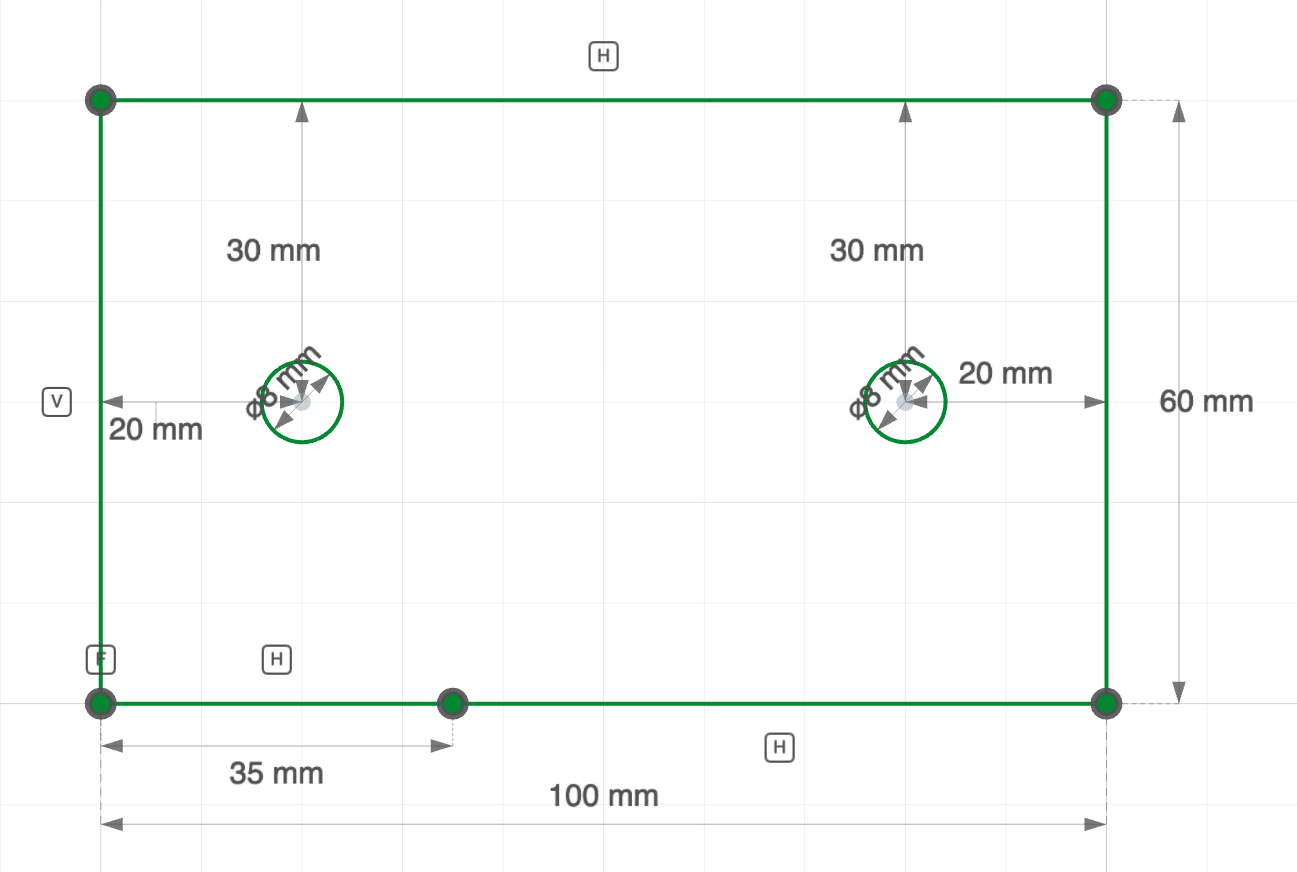 A mounting plate whose bottom edge is split at 35 from the corner