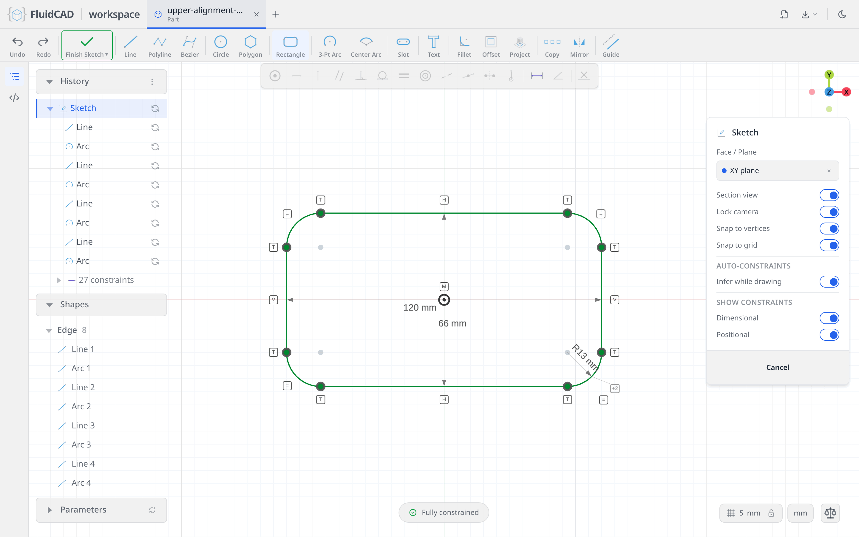 The 120 × 66 outline with R13 corners, fully constrained