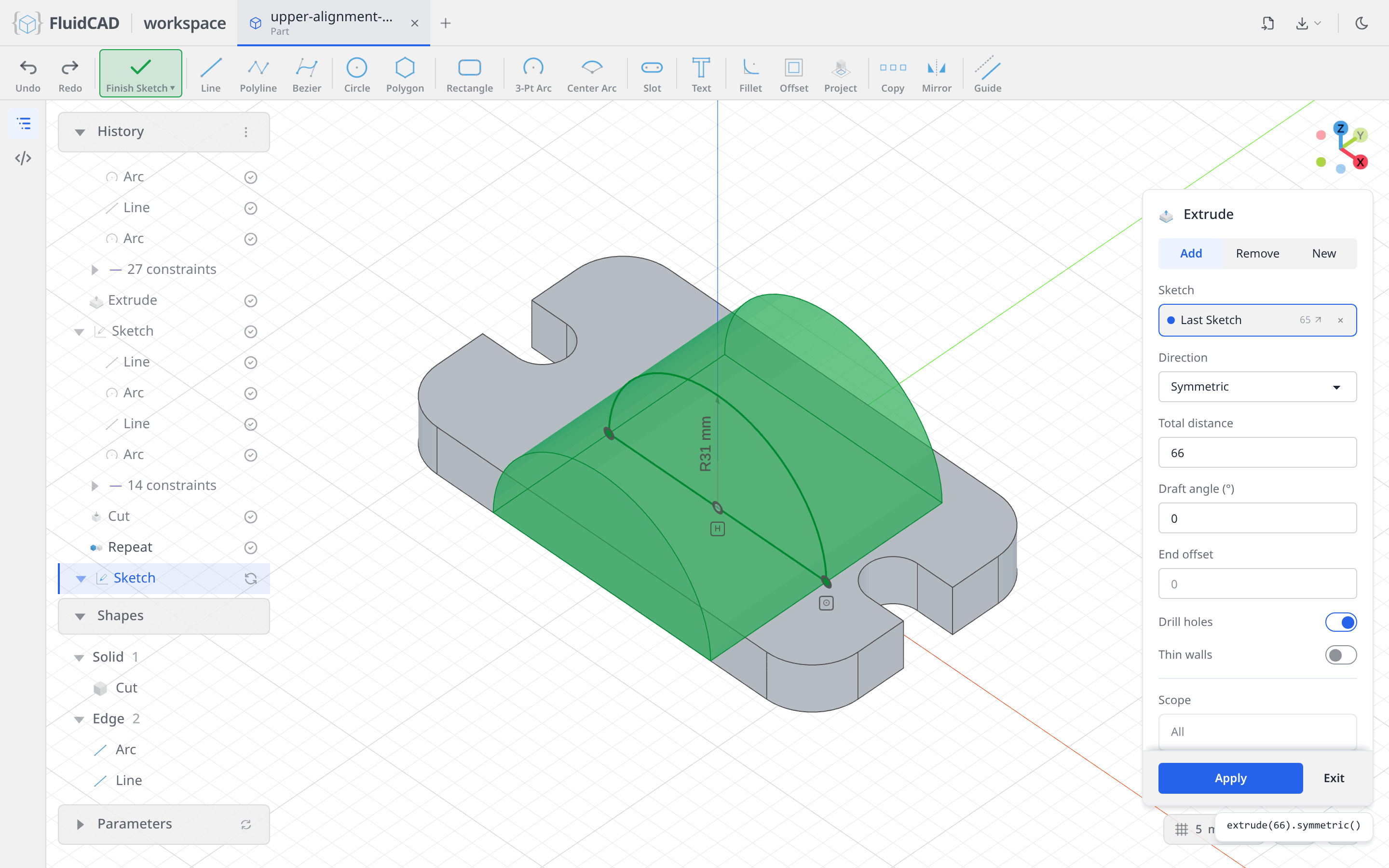 Extrude dialog with the symmetric 66 mm ghost