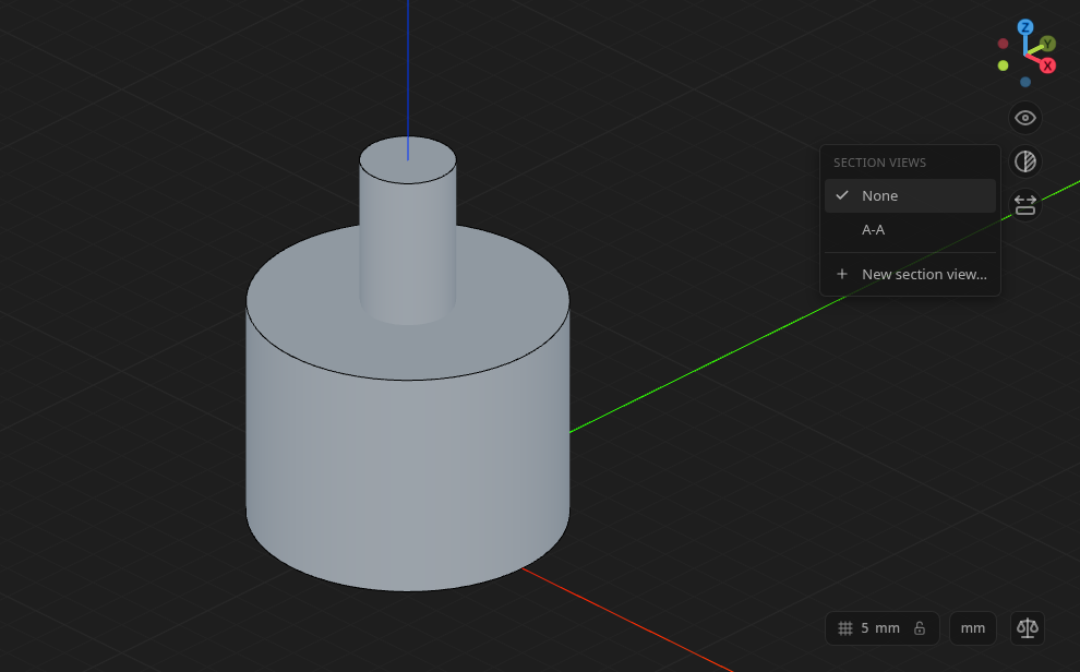 The section views menu open beside the viewport buttons, listing None, A-A and New section view