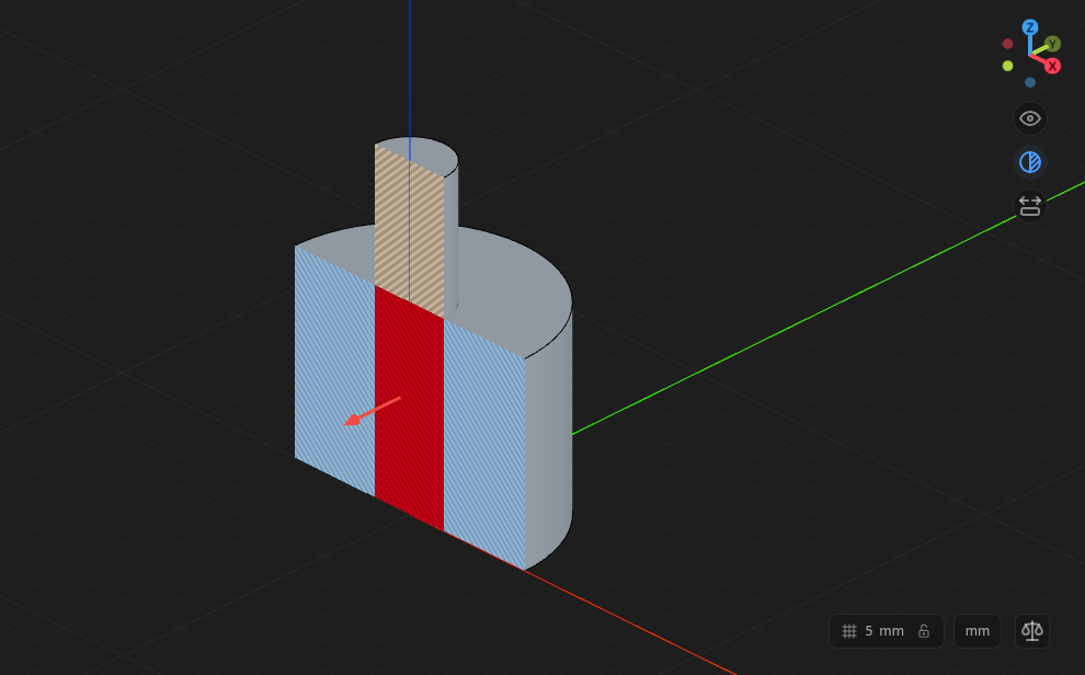 A cylinder and a pin cut open at the XZ plane: the cylinder's cap is blue, the pin's is tan, and the volume they share is red