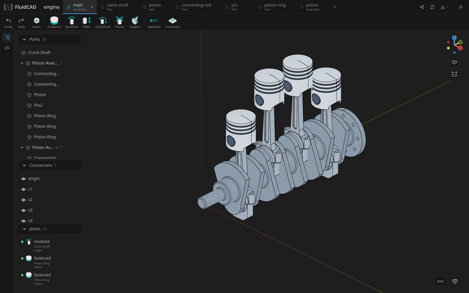 A four-cylinder crank assembly open in the FluidCAD workspace: parts, connectors and joints on the left, the solved mechanism in the viewport