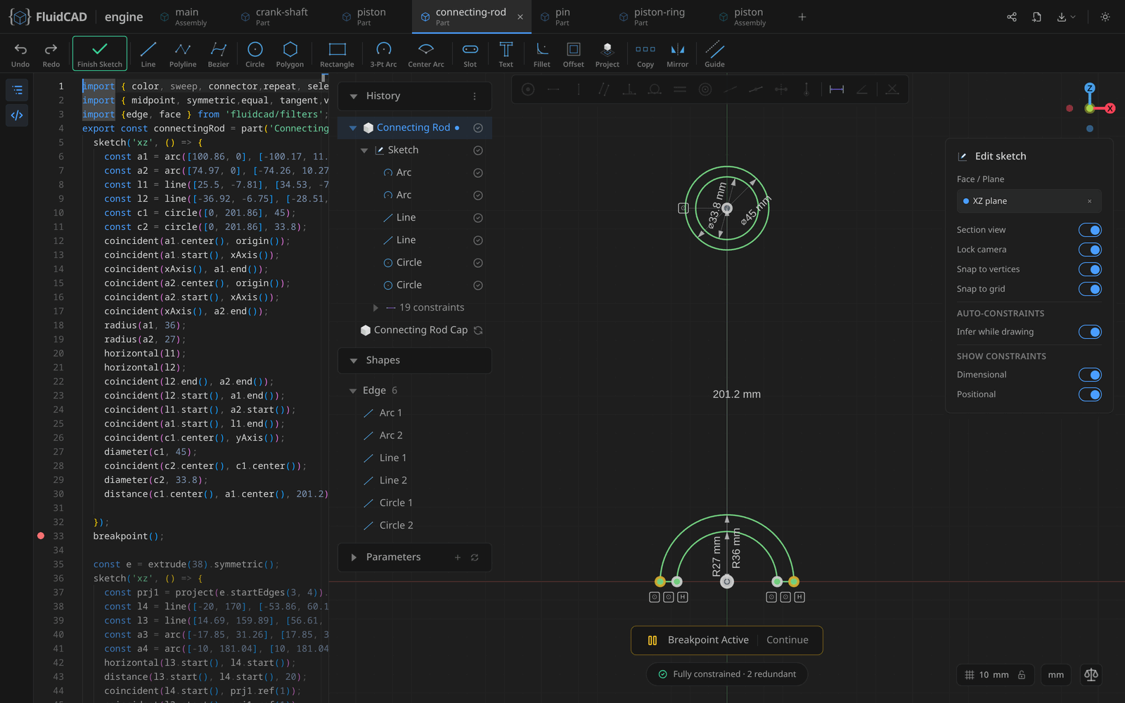 A connecting-rod profile in sketch mode with its constraint code on the left, dimensions and constraint badges in the viewport, and the status pill reading Fully constrained